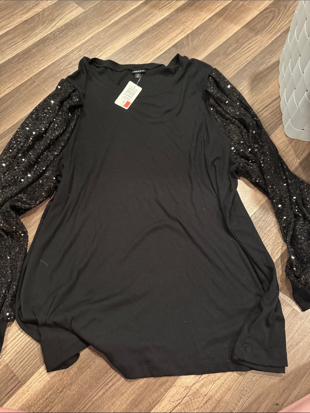 torrid Black Top with Sequin Knit Sleeves